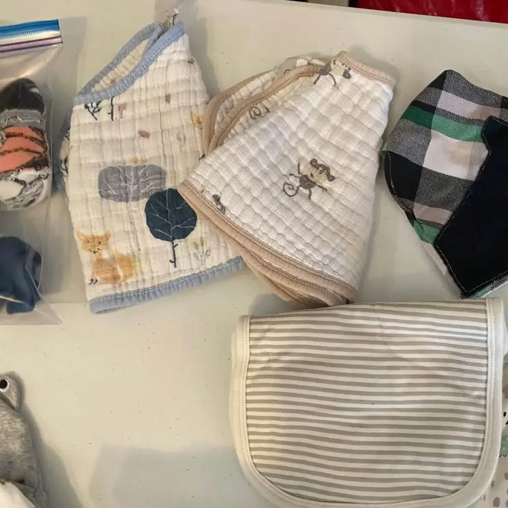 Baby Burp Rags, Bibs, Hats, and Leg Warmer Bundle